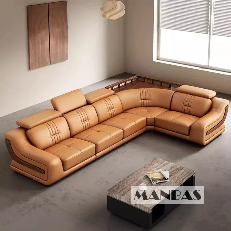 MANBAS Premium Italian Genuine Leather Sofa Set Big Sectional Couch Living Room