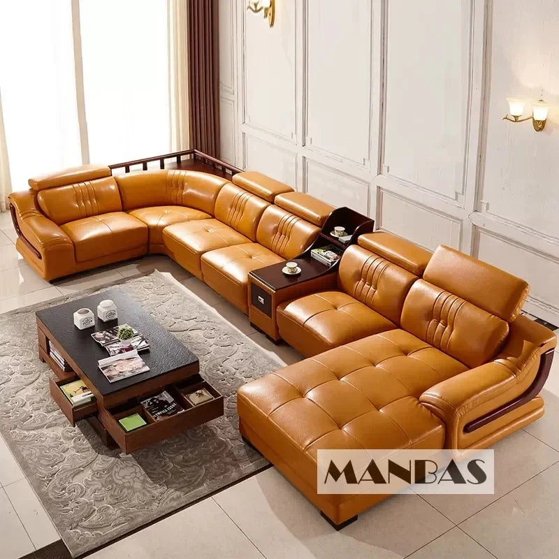 MANBAS Premium Italian Genuine Leather Sofa Set Big Sectional Couch Living Room