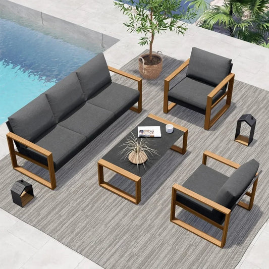 %a 4-Piece Modern Aluminum Patio Furniture Sets,Faux Wood Grain Finish Frame