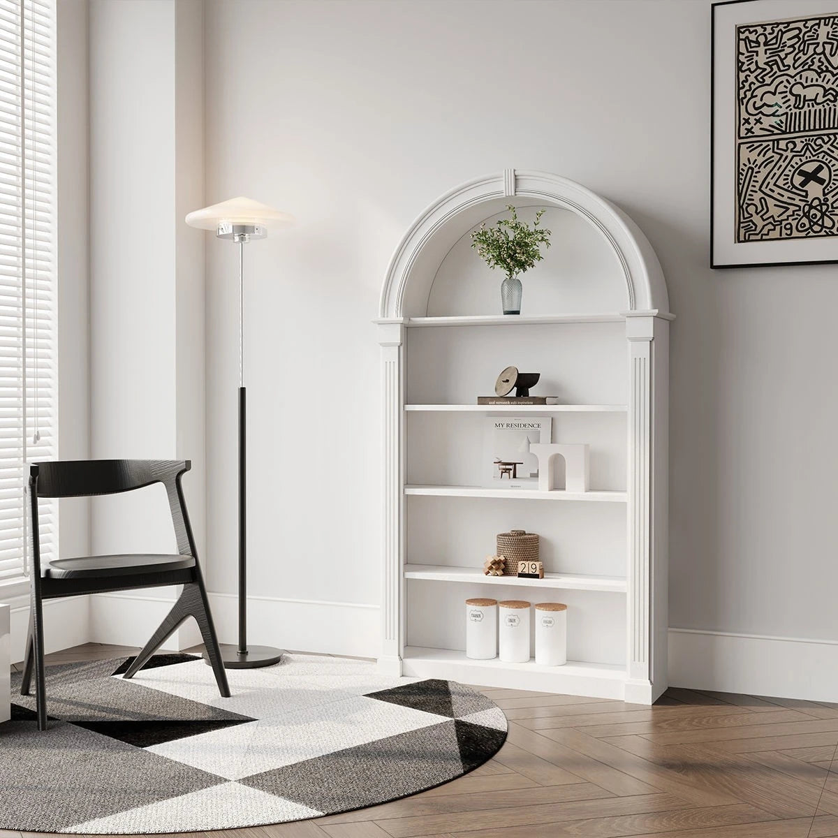 French Cream Arched Bookshelf Vintage Display Cabinet Living Room Mid-Century