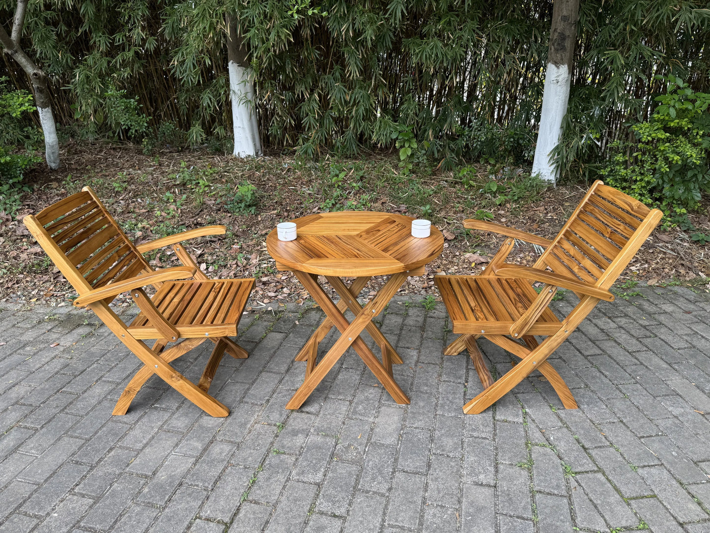 3Pcs Foldable Teak Outdoor Furniture Set Space-Saving Garden Table/Chairs