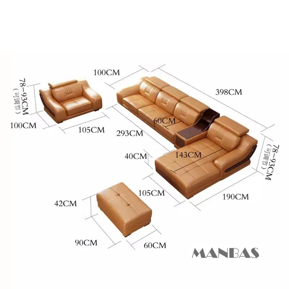 MANBAS Premium Italian Genuine Leather Sofa Set Big Sectional Couch Living Room
