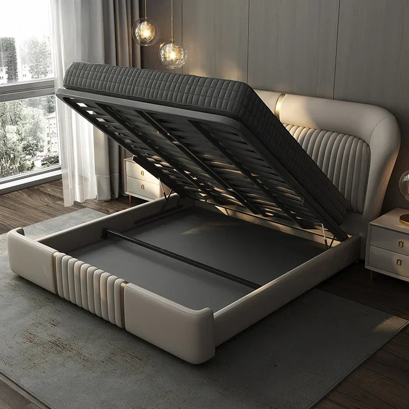 Gold 200× 180 Double Bed Storage Luxury Leather Big Hotel Bedroom Beds